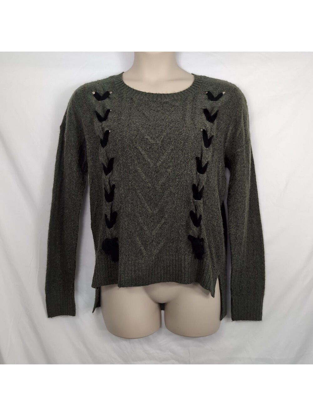 Maurices Womens Medium M Olive Green Sweater Black Ribbon Lace Up Detail Bows